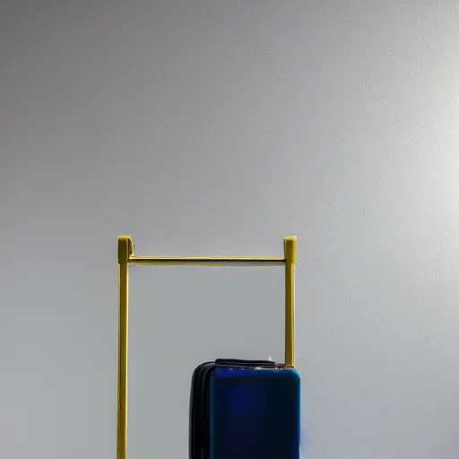 Image similar to an ultra high definition professional studio quality photograph of a transparent iridescent perspex pastel coloured luggage bag on a coat hook in an empty white room. dramatic lighting, ray tracing, refraction, shallow d. o. f, colour corrected, golden ratio, three point light. volumetric shadows. light rays.