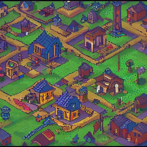 Image similar to pixel art fantasy town, game concept art, illustration,