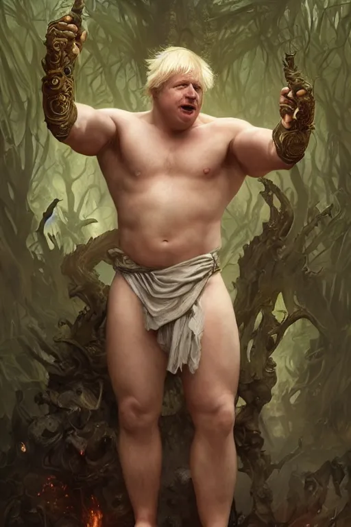 Prompt: portrait of boris johnson as a very pale hulking herculean demon, forest, godlike, full body, fantasy, intricate, elegant, highly detailed, digital painting, artstation, concept art, sharp focus, illustration, art by artgerm and greg rutkowski and alphonse mucha