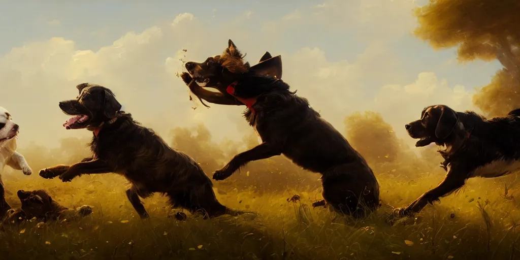 Image similar to two dogs fighting in a field, greek mythology, extremely detailed digital painting, in the style of goya and ruan jia and jeremy lipking and peter mohrbacher, mystical colors, rim light, beautiful lighting, 4 k, stunning scene, raytracing, octane, trending on artstation