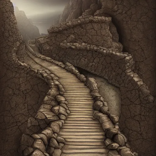 Image similar to a long winding pathway with deep cliffs on all sides, dark rocks, dusty, sepia tones, with a mysterious dark castle at the of the path, digital art, 8 k, concept art, trending on artstation