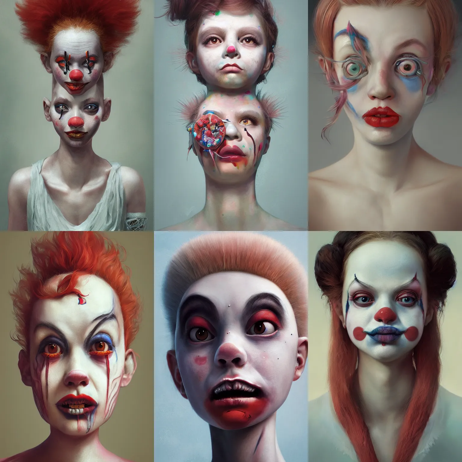 Image similar to breathtaking detailed painting of clown girl , with anxious, piercing eyes, art by Hsiao-Ron Cheng, hyperrealistic, octane render, ambient light, dynamic lighting