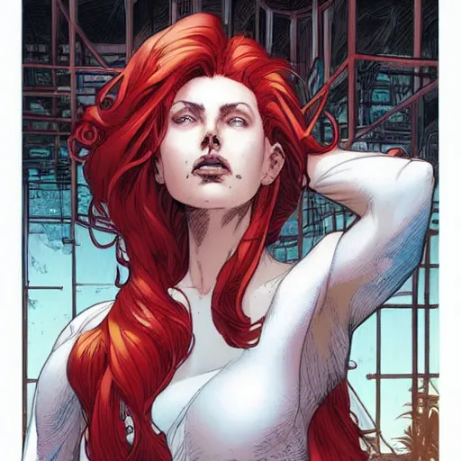 Prompt: a beautiful comic book illustration of a woman with long red hair and a white shirt in a standing in a glass machine by Jerome Opeña, featured on artstation