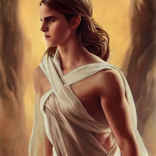 Prompt: emma watson as a Greek god, gorgeous, amazing, muscular, fit, very muscular male body, intricate, highly detailed, digital painting, artstation, concept art, sharp focus, illustration, art by greg rutkowski and alphonse mucha