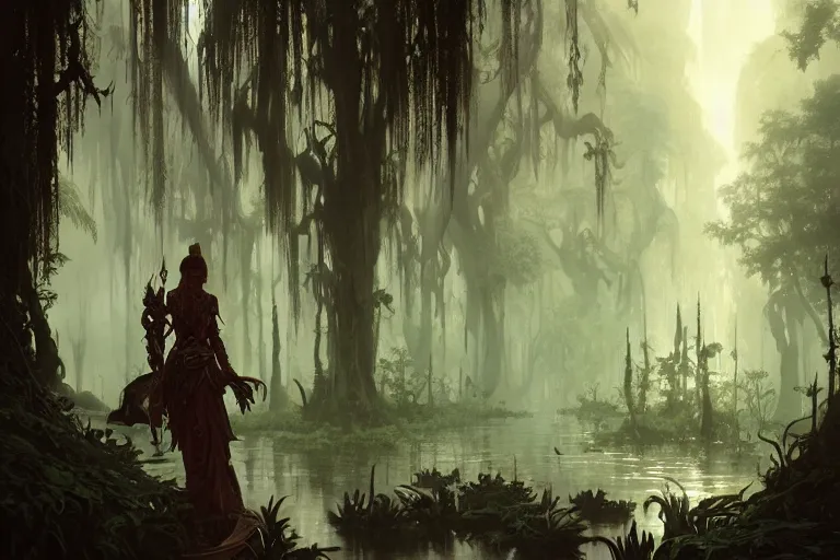 Image similar to old forgotten kingdom surrounded by murky swamps, deep focus, d & d, fantasy, intricate, elegant, highly detailed, digital painting, artstation, concept art, matte, sharp focus, illustration, hearthstone, art by greg rutkowski and alphonse mucha and andreas rocha