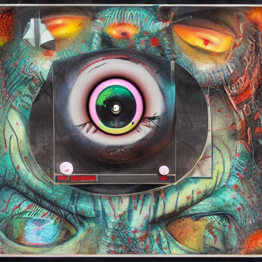 Image similar to depraved and insane man with spiral eyes and tvs with eyes on the screen all around in the style of herbert ploberger and nainoa rosehill, mixed media, 8 k ultra, surrealist