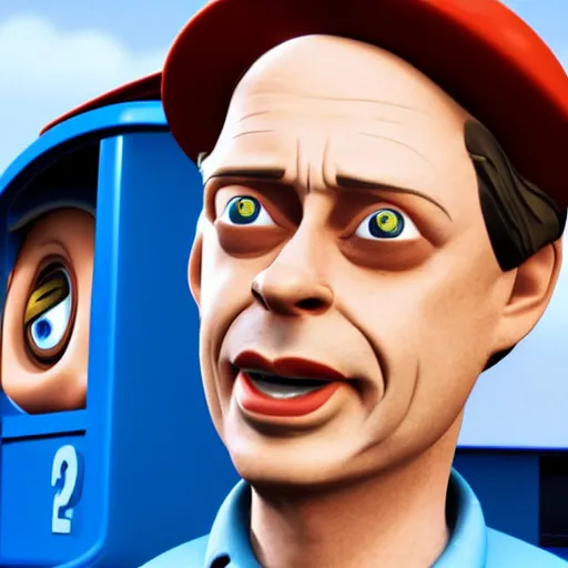 Image similar to Steve Buscemi's face on Thomas the Tank Engine, cinematic, 8k, Unreal Engine render