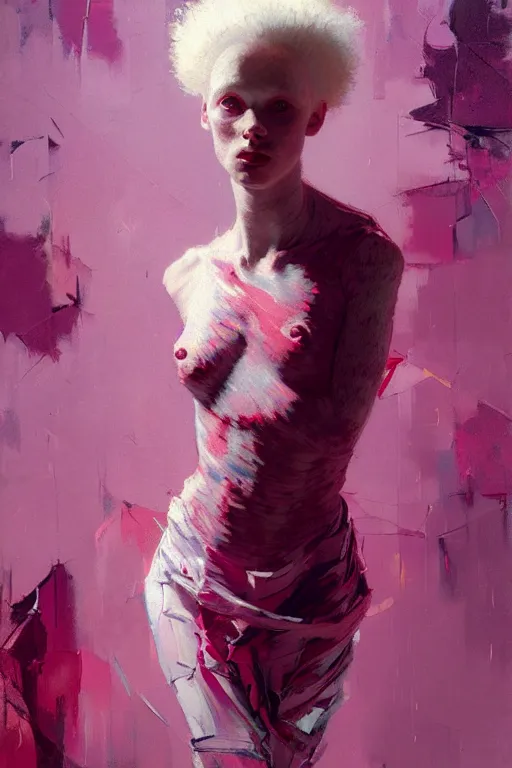 Image similar to portrait of a beautiful albino girl, shades of red and purple, beautiful face, rule of thirds, intricate outfit, spotlight, by greg rutkowski, by jeremy mann, by francoise nielly, by van gogh, digital painting