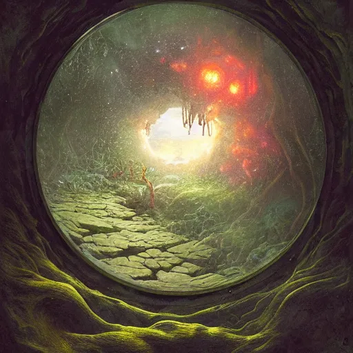 Prompt: an enigmatic and terrifying painting of a alternate universe inside a glass orb by marc simonetti, greg rutkowski, ferdinand knab, colour, hyper detail, 8 k, one giant oak, universe, nebula, burst of colour, imaginary, roots, concept art, out of this world, depth, incredible depth