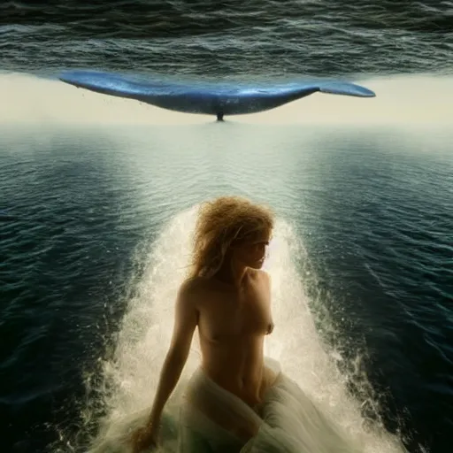 Prompt: portrait photo by national geographic and mort kunstler and annie leibovitz and monia merlo, a stunning blue whale completely covered in a long billowing flowing white sheet swimming through the ocean, backlit, 4 d, 4 k, volumetric lighting, photorealistic, light ray, hyperdetailed