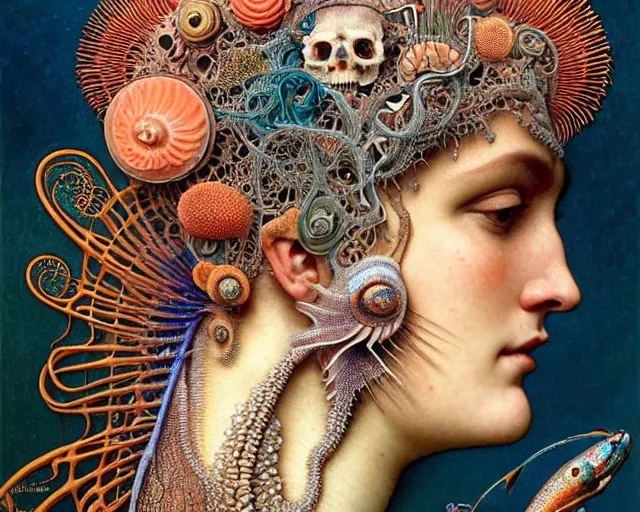 Image similar to hyperrealistic detailed face side portrait of the beautiful goddess of the fish skeletons with an intricate headgear of corals, sea kelp, sea plants, fish, starfish, jellyfish, art by ernst haeckel, john william godward, android jones, alphonso mucha, h. r. giger, gothic - cyberpunk, ornamental, beautiful deep colours,