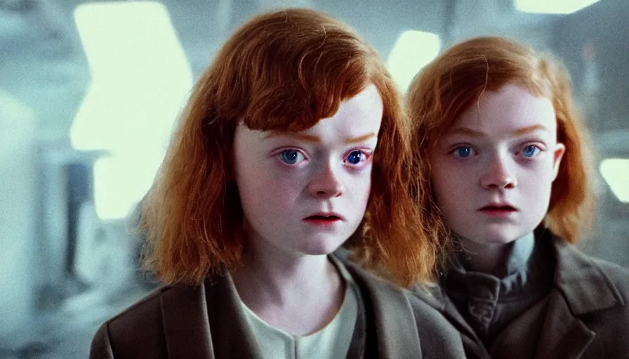 Image similar to sadie sink with trimmed hair in oversized man's coat : a still from a scifi soviet cyberpunk film from 1 9 8 0 s. by steven spielberg, robert zemeckis, francis ford coppola, james cameron. 6 5 mm low grain film stock. sharp focus, realistic facial expression, perfect anatomy, global illumination, radiant light, detailed and intricate environment, trending on artstation