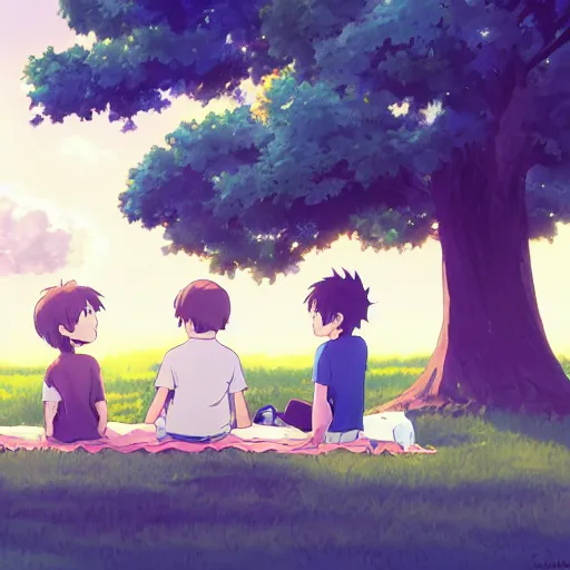 Prompt: Anime of an happy family with two boys of 10 years old and 5 years old, in Vincennes parc having a pic nic, beautiful weather, peaceful cloud, by Makoto Shinkai and James Gilleard