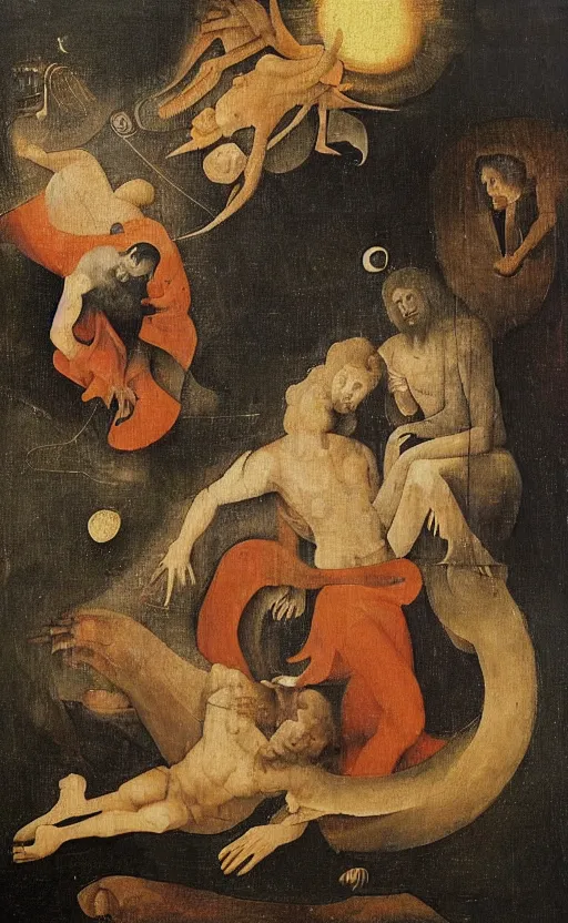 Image similar to two men in love seperated by a deity, on one side is light on the other is darkness in the style of hieronymus bosch, lots of colour