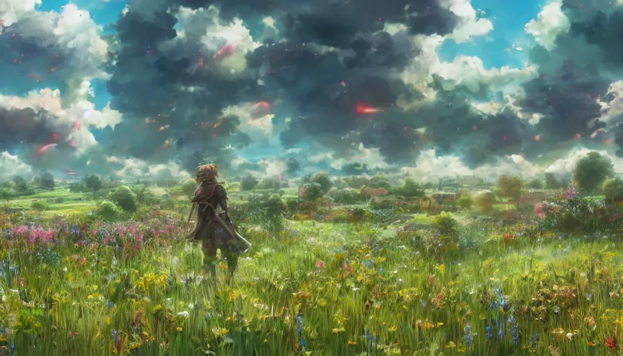 Prompt: the beautiful, dreamy, wistful view of a field after war filled with death. hyperrealistic anime background illustration, colorful, extremely detailed intricate linework, smooth, super sharp focus, bright colors, high contrast, matte, octopath traveler, unreal engine 5 highly rendered, global illumination, radiant light