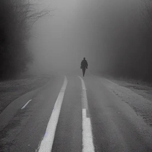 Image similar to mist, there\'s a shadowy figure on the road