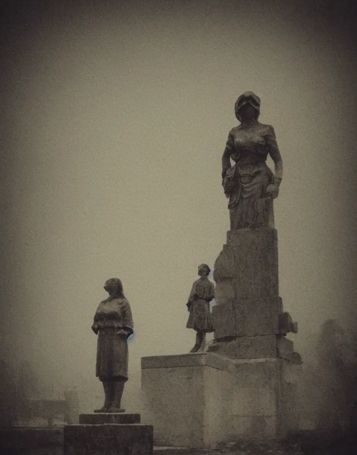 Prompt: an old soviet brutalism style statue of women, in a dirty soviet town, ultra - wide angle, environmental, cinematic, fog, vapor, noise, old photograph style, art of masao yamamoto, daguerreotype, surface scratched, noisy, dusty, soft film noise b