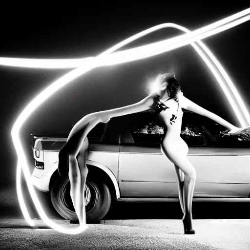 Prompt: medium format photograph with camera flash of a surreal fashion shoot on the hood of a car at night