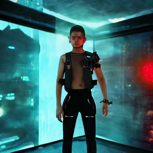 Prompt: A beautiful boy wearing a black mesh crop top and black shorts standing in a mad max cage. The boy is surrounded by a colorful nebula. Cyberpunk, Digital Art, unreal engine 5, 50mm, f2.8