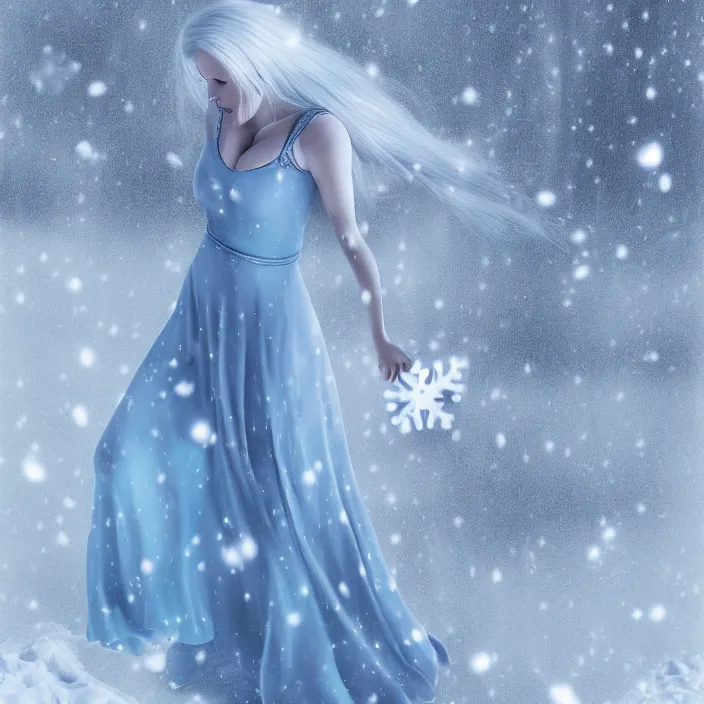 Prompt: full body portrait of a woman with pale blue hair wearing a long white dress made out of snowflake in the middle of a heavy snowstorm. pale, sickly looking, hypothermia. digital art by maromi sagi