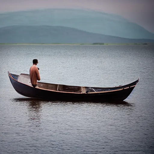 Prompt: realistic photo of a man standing in a small boat on endless broken mirrors by albert dros