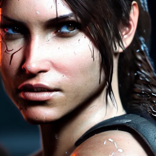 Image similar to Lara croft as spiderwoman,face wet, heavy rain ,dramatic, intricate, highly detailed, concept art, smooth, sharp focus, illustration, Unreal Engine 5, 8K