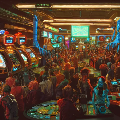 Prompt: highly detailed crowded used future casino, robots humans and extraterrestrials, on a crowded space station, jim henson creature shop, 1 9 8 0 s science fiction, 1 9 7 0 s science fiction, alien 1 9 7 9, cyberpunk, 3 d oil painting, depth perception, 4 k, artstation