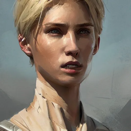 Image similar to Portrait of a woman by Greg Rutkowski, she is about 20 years old, athletic tomboy, attractive, military composure, short blonde hair, russian, she is wearing futuristic military fatigues, highly detailed portrait, digital painting, artstation, concept art, smooth, sharp foccus ilustration, Artstation HQ.