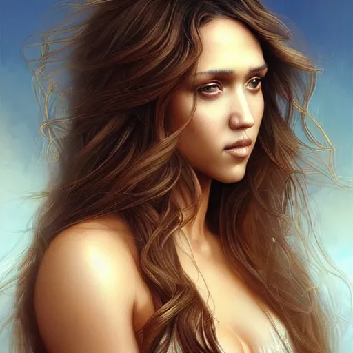 Image similar to beautiful striking Pre-Raphaelite Jessica Alba by Artgerm and Greg Rutkowski, flowing hair, intricate, elegant, highly detailed, digital painting