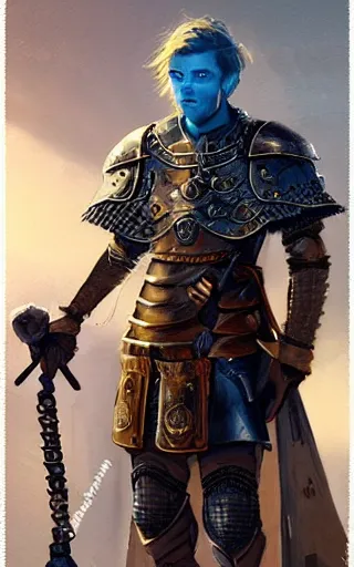 Image similar to a rugged young knight with blonde hair and blue eyes and a short beard wearing a blue shirt over chain mail and steel pauldrons and a yellow cape and leather boots concept art by Tony Sart and Greg Rutkowski, realistic, highly detailed, masterpiece, ArtStation