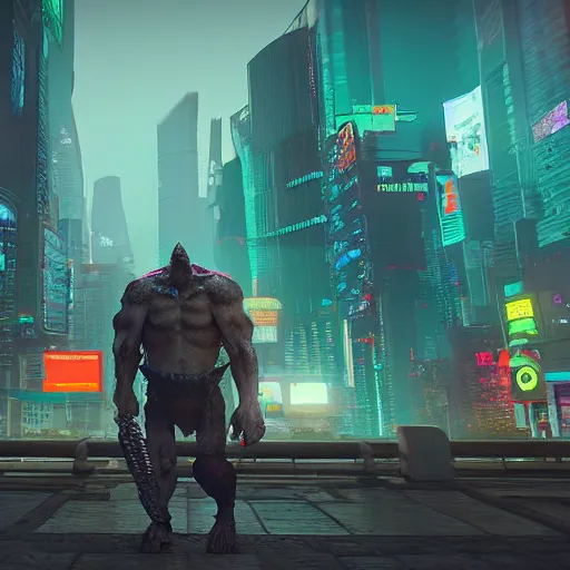 Image similar to cyberpunk boss fight, giant orc. cinematic wide shot