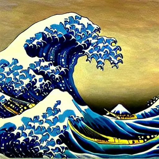 Image similar to a beautiful impasto oil painting of the great wave painted by claude monet!!, impressionism!