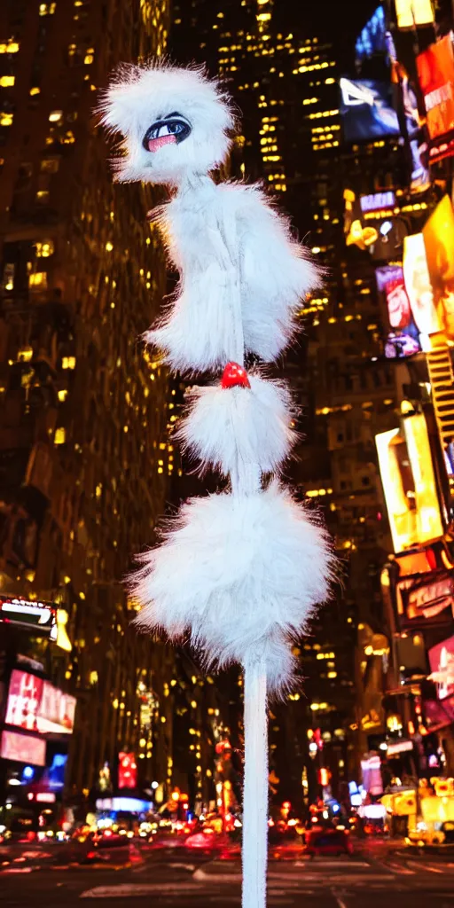 Prompt: fluffy puppet im new york at night with red lights as eyes