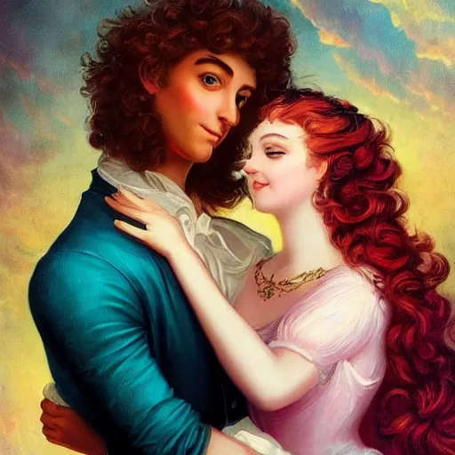 Prompt: A vintage rococo painting Charlie Bowater and Gabrielle Ragusi by Salvador Dalle Lisa Frank :: He always knew she was the one :: dapper man handsome with beautiful hair and brown eyes, a smile to take your breath away. Cute and mine from the first meeting until the end of time :: hd - H 960