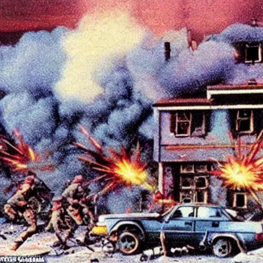 Image similar to color photo from the 80s, the shelling of a house in New York by Soviet soldiers, epic style, a bunch of explosions, realistic style