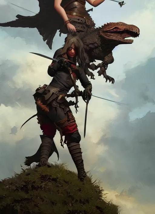 Image similar to hyper realistic photo of medieval chubby beautiful rogue hunter girl with a raptor, full body, rule of thirds, conceptart, saturated colors, cinematic, greg rutkowski, brom, james gurney, mignola, craig mullins, artstation, cgsociety