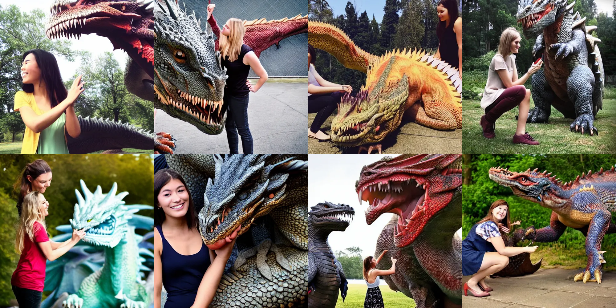 Prompt: a photo of a beautiful young woman gently petting a giant dragon