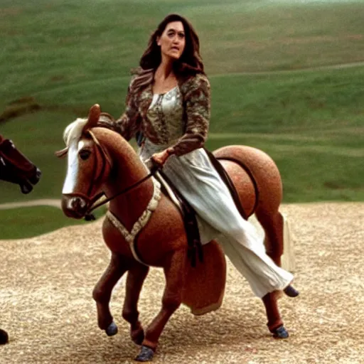 Image similar to 35mm film still of Jennifer Connelly riding a rocking horse, figure portrait