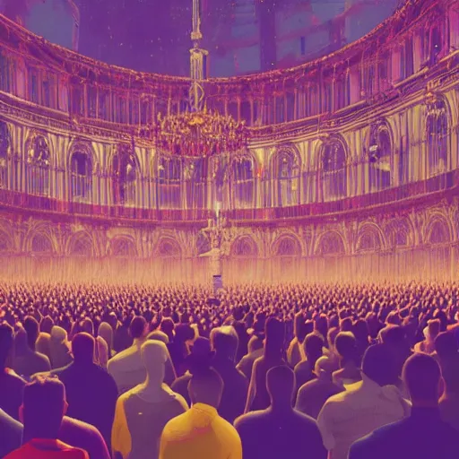 Image similar to a large crowd of people at a concert, a screenshot by alesso baldovinetti, cg society, maximalism, sanctuary, hall of mirrors, glowing neon