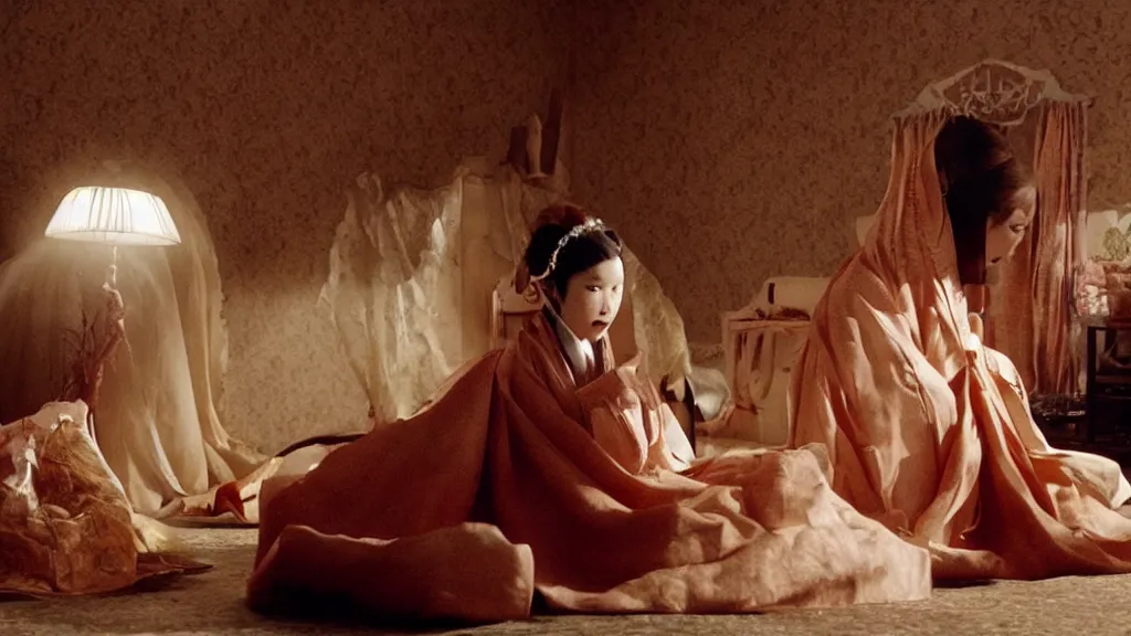 Image similar to shadow of a monstrous starfish is seen behind a woman in hanbok sitting on a couch, traditional korean interior, kaiju - eiga monster movie by denis villeneuve, cinematography by akira kurosawa and ishiro honda