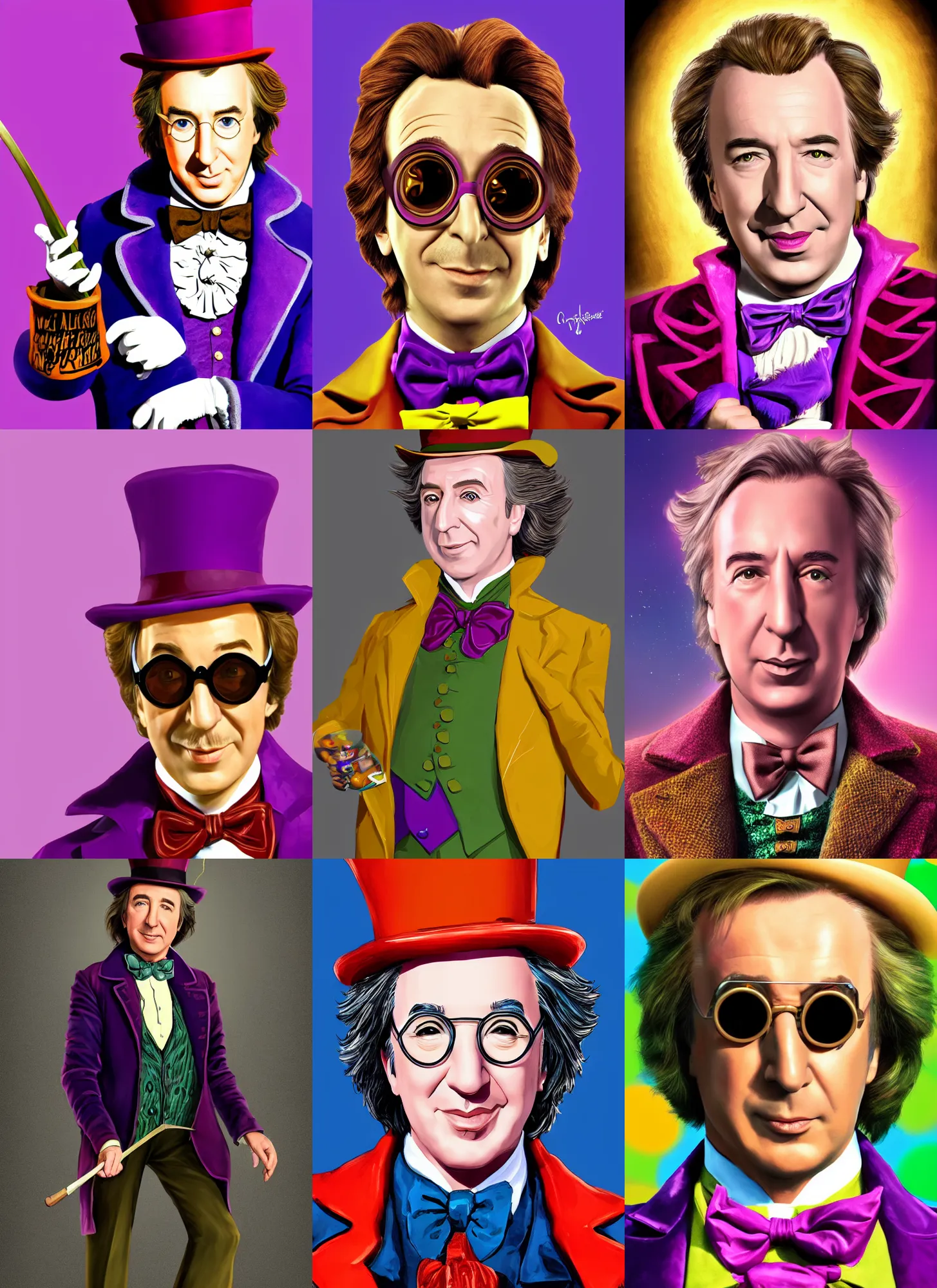 Prompt: character portrait of Willy Wonka played by Alan Rickman, digital art, trending on artstation, 4k