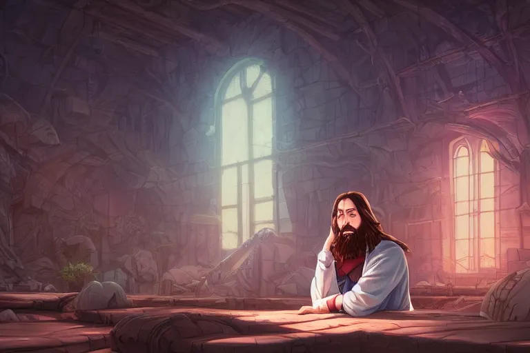 Prompt: a portrait of jesus praying, mechanical, fantasy by dan mumford, yusuke murata and makoto shinkai, 8 k, cel shaded, unreal engine, featured on artstation, pixiv