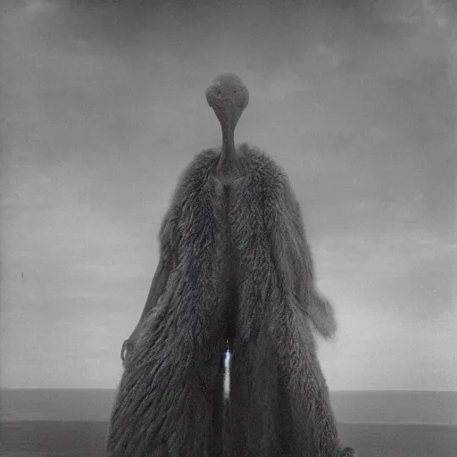 Image similar to vintage photography of faceless beast-god with many long arms, a huge body covered with deep furs by Zdzisław Beksiński, odd eye, dark fantasy, detaling, abomination, blur, platinum printing