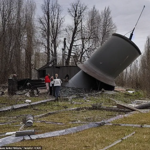 Prompt: on the territory of the Russian village house in Russia there is a large funnel after a missile strike near which a crowd of people gathered and takes pictures of it