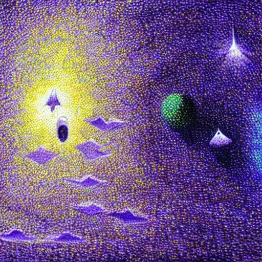 Prompt: hyper realistic blue spirits flying in the deep purple space, pointillism technique, 8K, landscape