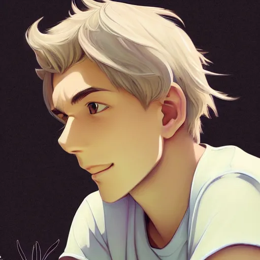 Image similar to young man with short, ash blond greyish hair, light brown eyes, casual clothes, relaxing, happy, path traced, highly detailed, high quality, digital painting, by don bluth and ross tran and studio ghibli and alphonse mucha, sylvain sarrailh, beautiful details