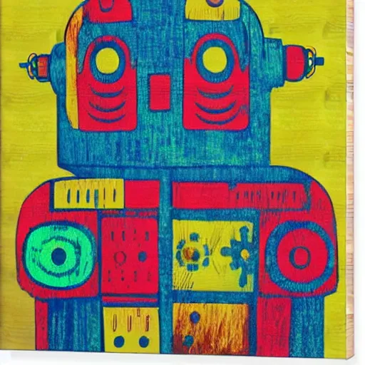 Image similar to colorful robot woodcut print by Julie De Graag