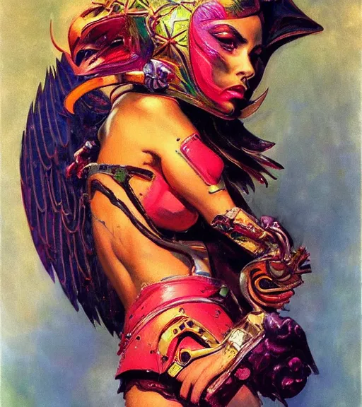 Image similar to portrait of junoesque iranian female chaos angel, beautiful! coherent! by frank frazetta, by brom, strong line, vivid neon color, shining metal power armor, iron helm, high contrast, maximalist