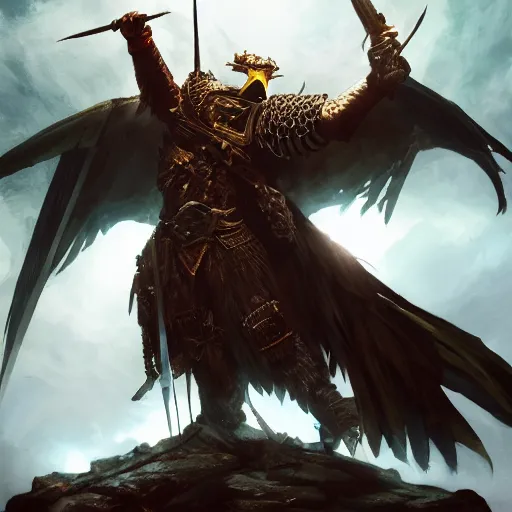 Image similar to Eagle, Anthropomorphized, as warlord general, magic the gathering artwork, D&D, fantasy, cinematic lighting, centered, symmetrical, highly detailed, digital painting, artstation, concept art, smooth, sharp focus, illustration, volumetric lighting, epic Composition, 8k, art by Akihiko Yoshida and Greg Rutkowski and Craig Mullins, heroic pose, oil painting, cgsociety, Battlefield background, explosions, arrows