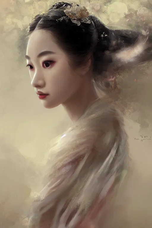 Image similar to geisha prima ballerina, gorgeous, ethereal, close-up portrait, intricate, elegant, volumetric lighting, scenery, digital painting, highly detailed, artstation, sharp focus, illustration, concept art, ruan jia, steve mccurry